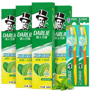 黑人（DARLIE）双重薄荷牙膏4支（共计480g）+牙刷2支 抗口气 去牙渍 家庭套装（新旧包装随机发放）