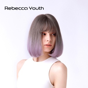 rebecca瑞贝卡假发真人发女短直发bobo头空气刘海内扣蓬松自然时尚头套 深烟灰仙紫色渐变（机制+手织发缝工艺）