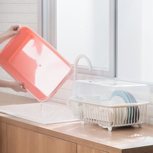 茶花塑料碗柜厨房收纳箱置物架碗碟架沥水篮架密封防尘防油污 取盖式(小号)粉色