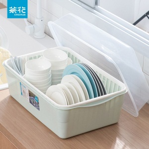 茶花塑料碗柜厨房收纳箱置物架碗碟架沥水篮架密封防尘防油污 取盖式(大号)绿色