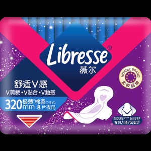 Libresse超薄舒适V感加长夜用320mm防漏极薄棉柔卫生巾北欧小V巾8片