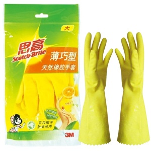 3M 橡胶手套 薄巧型防水防滑家务清洁手套 厨房洗衣手套大号 柠檬黄