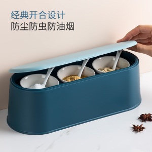 美厨（maxcook）调料盒调味罐套装 陶瓷调味盒调料罐3件套带盖带勺带置物架底座 浅蓝色MCPJ313