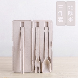 1创意小麦秸秆便携餐具盒三件套韩版可爱学生儿童筷子勺子叉子套装