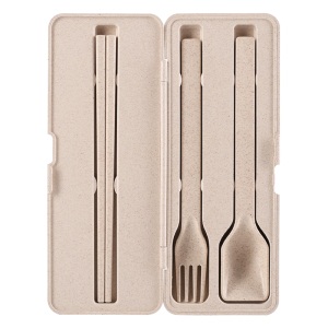 1创意小麦秸秆便携餐具盒三件套韩版可爱学生儿童筷子勺子叉子套装