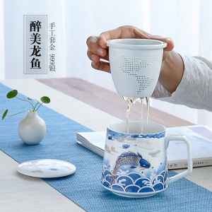 3青花瓷泡茶杯陶瓷喝茶杯带盖过滤茶水分离杯办公室杯子花茶滤茶杯3