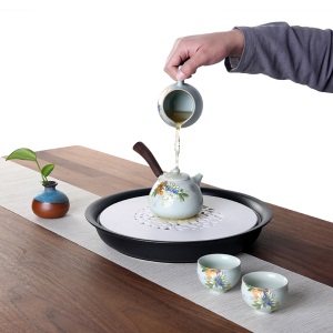 2日式陶瓷干泡茶盘家用便收纳功夫茶具茶海窗花简约圆形储水茶台