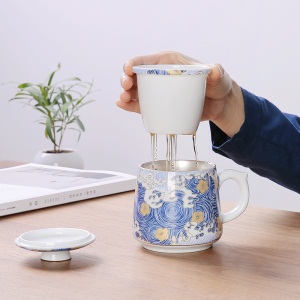 2999纯银茶杯带盖过滤鎏银办公杯 银杯子陶瓷茶水分离泡茶杯