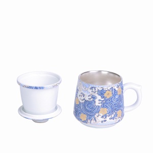 2999纯银茶杯带盖过滤鎏银办公杯 银杯子陶瓷茶水分离泡茶杯