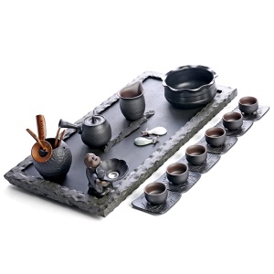 2整块日式乌金石茶盘茶具套装 家用整套陶瓷功夫茶具茶台茶海大号