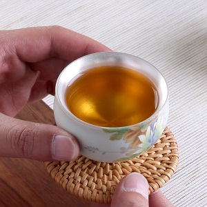 3999纯银茶杯家用陶瓷小茶杯鎏银汝窑主人杯单杯功夫茶具茶盏茶碗3