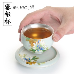 3999纯银茶杯家用陶瓷小茶杯鎏银汝窑主人杯单杯功夫茶具茶盏茶碗3