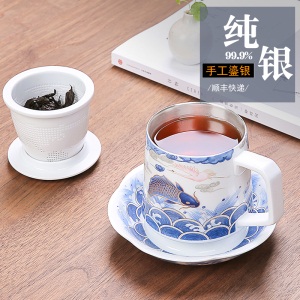 2内壁鎏银泡茶杯 999纯银带盖过滤办公杯陶瓷茶水分离杯水杯