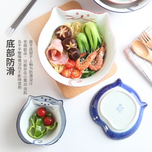 c5景唐 陶瓷可爱招财猫盘子沙拉碗碟套装家用日式餐具组合汤碗面碗