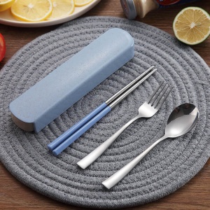 d3小麦秸秆不锈钢便携式餐具盒三件套装 学生筷子勺子叉子3件套