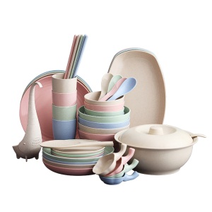 d3北欧风碗碟套装家用塑料碗筷套装简约现代盘子碗小麦秸秆四碟四碗