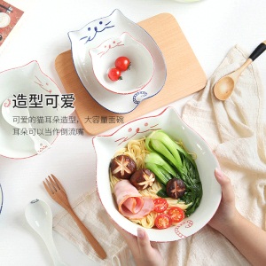c5景唐 陶瓷可爱招财猫盘子沙拉碗碟套装家用日式餐具组合汤碗面碗
