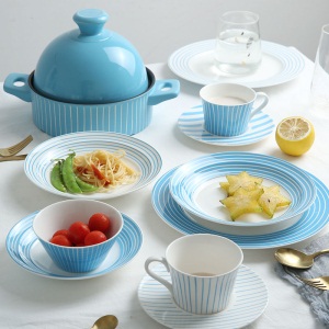 c5北欧简约碗碟套装家用 创意陶瓷餐具套装吃饭碗盘子菜盘深盘 蓝调