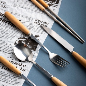 c2牛排刀叉勺子筷子木柄餐具配件套装不锈钢西餐具刀叉四件套