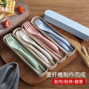 d3小麦餐具三件套比不锈钢好环保便捷学生旅行勺叉筷套装儿童筷子盒