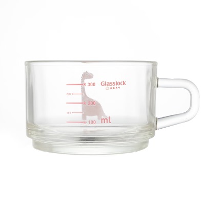 Glasslock进口钢化玻璃杯儿童牛奶早餐杯耐热可加热带刻度杯子粉色恐龙杯s440